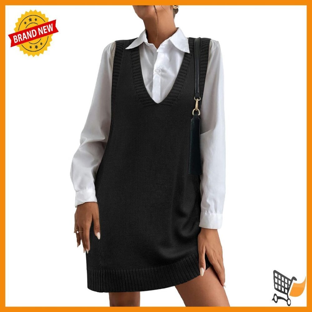 Oversized V-Neck Sweater Vest Ribbed Knit Pullover with Pockets